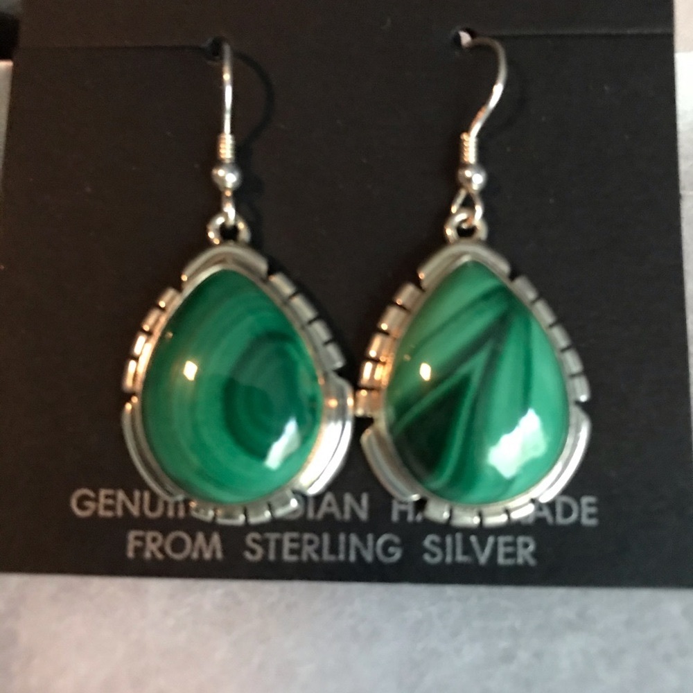 Sterling Silver Teardrop Green Malachite Earrings - Picture 6 of 9